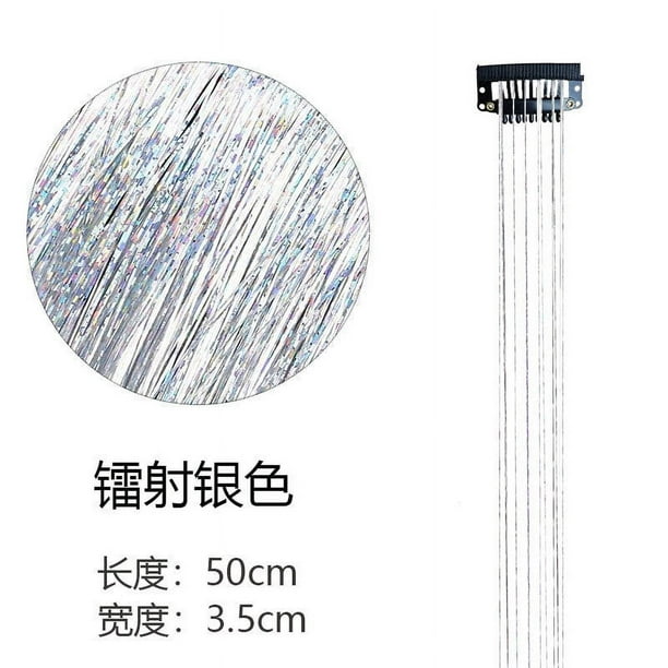 Zhuge 8 piezas de oropel para el cabello con clip, extensiones de cabello con clip de 20 pulgadas con purpurina resistente al calor, color plateado