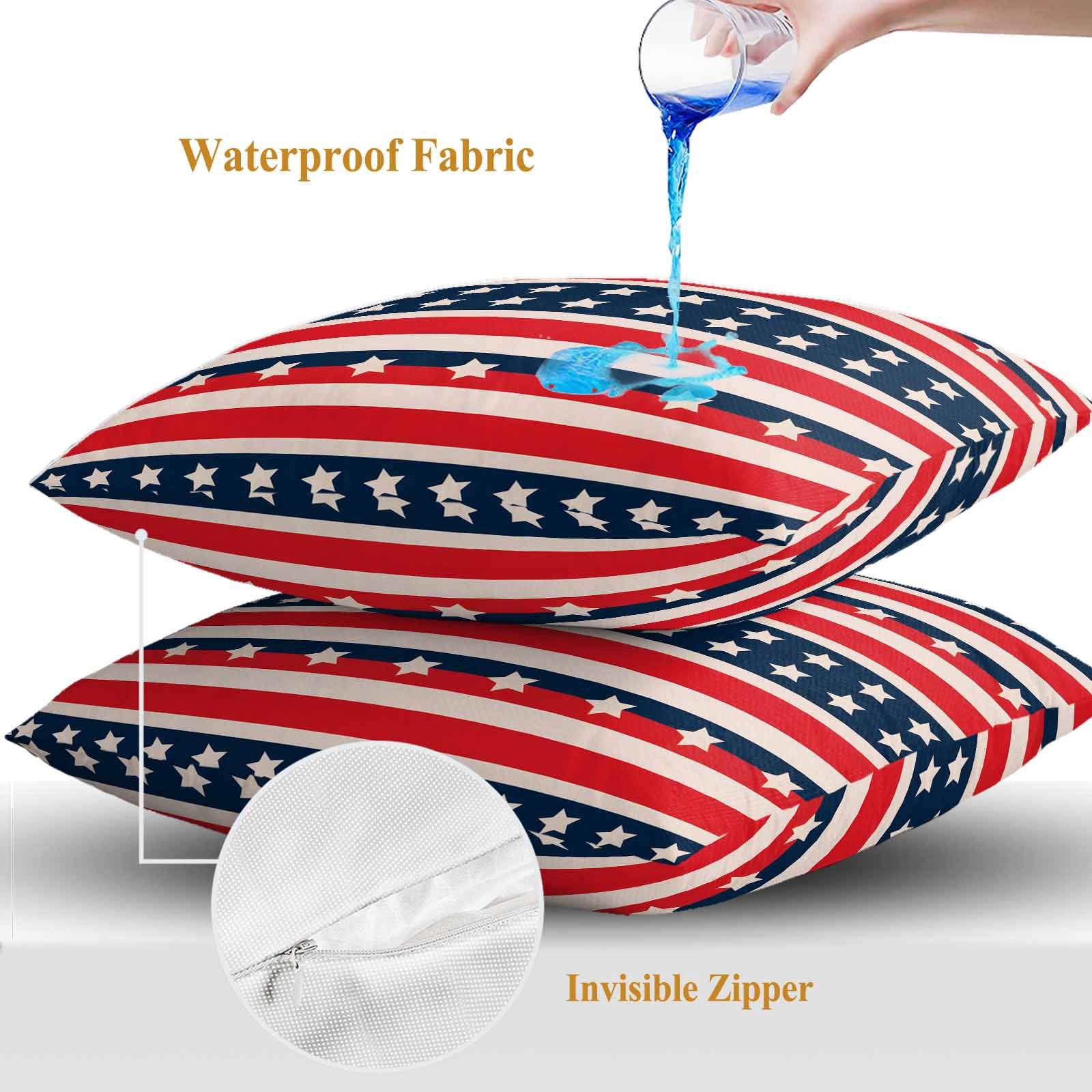 4th of July Outdoor Waterproof Throw Pillow Covers Set of 2 Patriotic Stars Stripes Pillowcases Outdoor Pillows Cushion Case 18x18 Inch Red White Blue Striped Patio Pillows for Couch Sofa Bed Garden