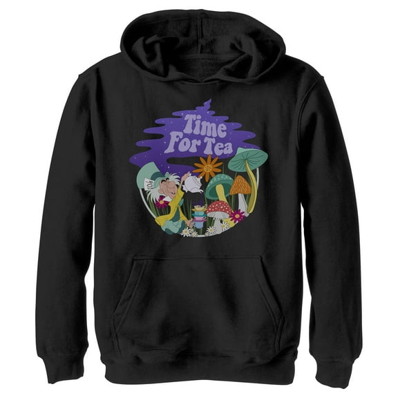 Boy's Alice in Wonderland Mad Hatter Time for Tea Pull Over Hoodie Black Large
