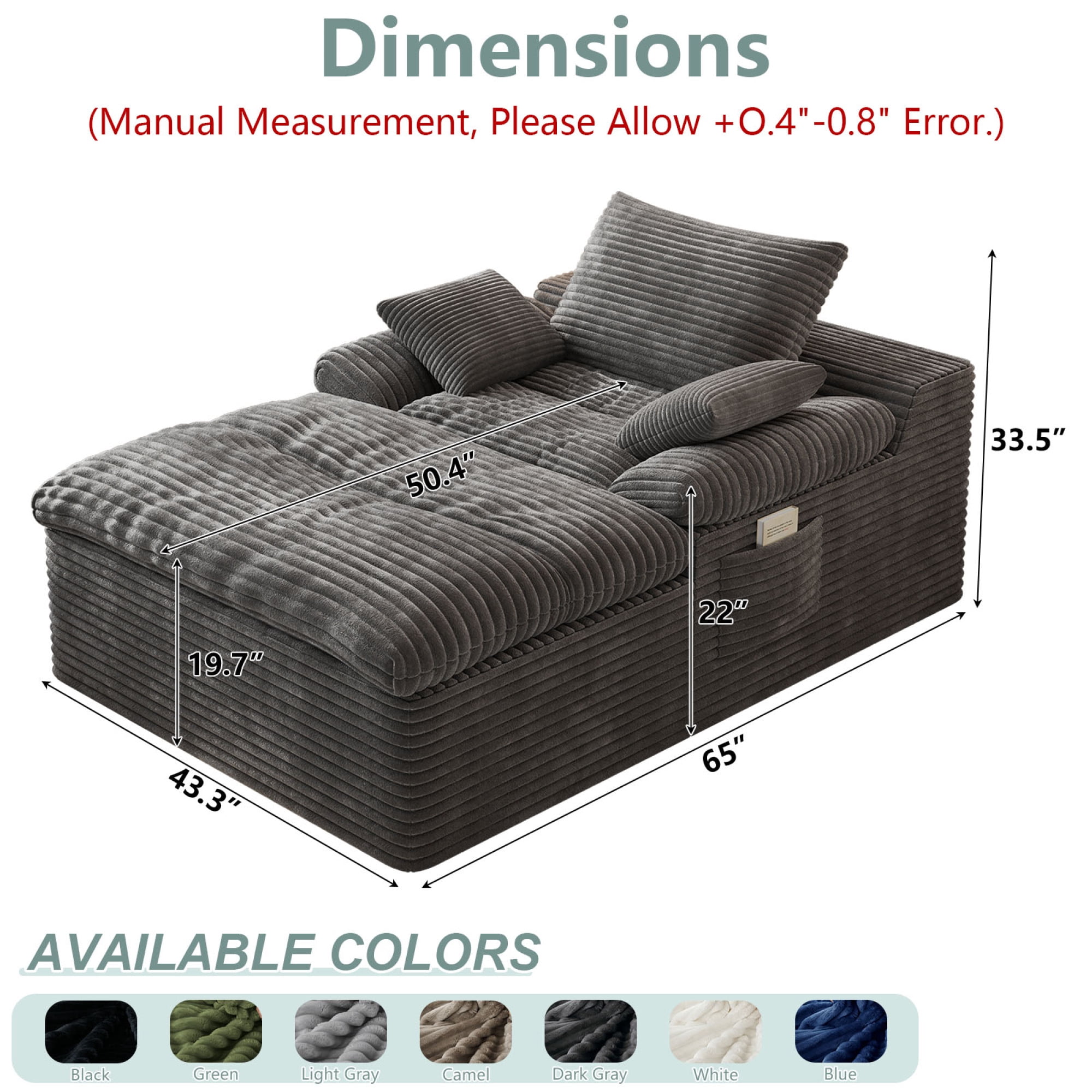 HOQBN 65" Chaise Lounge Chair Indoor,Oversized Boneless Sofa Bed with 3 Pillows,Cloud Reading Chair for Living Room Bedroom, Deep Seat Sleeper Couch, No Assembly Required,Dark Gray