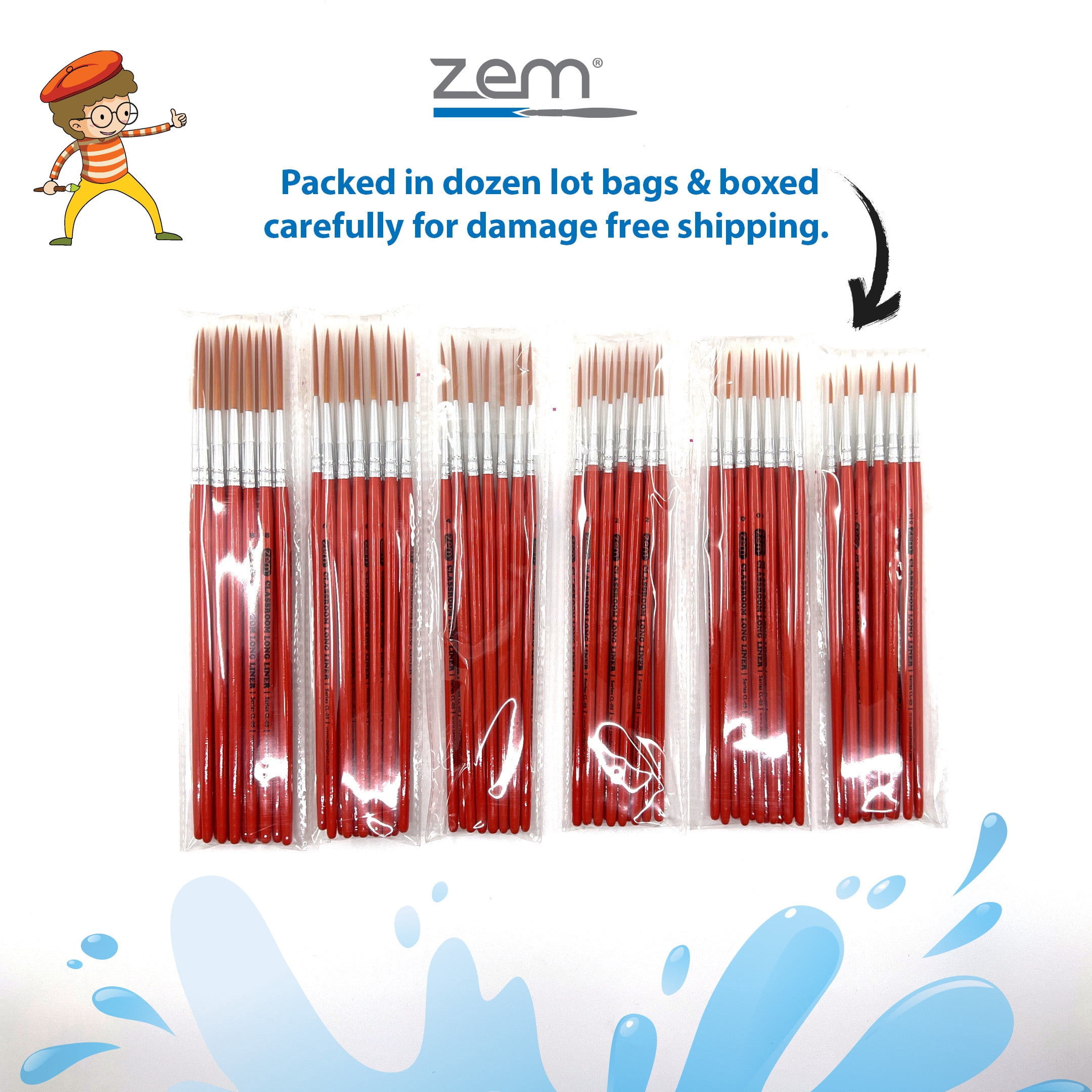 ZEM Brush Mfg CLB-6 Classroom Artist Paint Brush Box Set Long Liners - 72 pcs