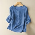 thumbnail image 3 of Womens Embroidered Tops and Blouses, Yigetop Women's Fashionable Casual Solid Color Pleated Cotton and Linen Tops Shirts and T Shirts Linen Clothes for Seniors Dark Blue 3XL, 3 of 9