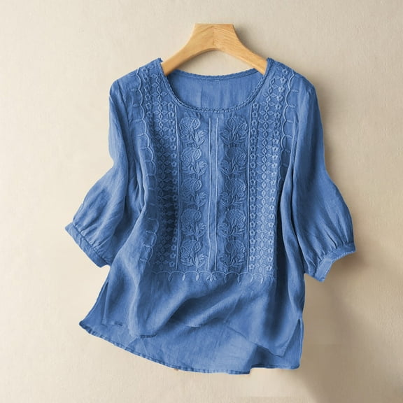 Women's Fashionable Casual Solid Color Pleated Cotton And Linen Tops Shirts And T Shirts Dark Blue