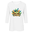 thumbnail image 4 of LEKWK Vacation Tops for Women Carnival Text Mardi Gras Shirts 3/4 Sleeve Graphic Tees Round Neck Colorful Feathers Festive Print Outfits, 4 of 5