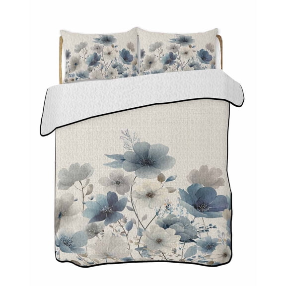 Quilts Full Size Bedding Set, Blue Grey Flowers Lightweight Quilted Comforter, Spring Watercolor Blooms Floral Beige Soft Reversible Bedspread Coverlet with Pillow Covers for All Season, 78" x 90"