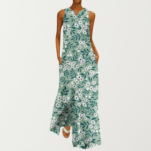 Longue Robe d'Été Mode Femme Col en V Sans Manches avec Poches Robes Imprimées Robes de Cocktail pour Invité de Mariage en Liquidation