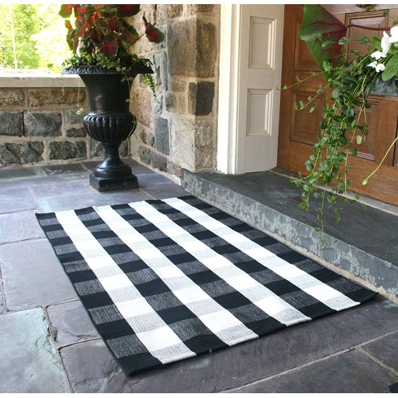 Black and White Rug Buffalo Plaid Check Checkered Rug Cotton Hand-Woven Rugs for Welcome Door Mat Porch/Kitchen/Bathroom/Entry Way 3x5