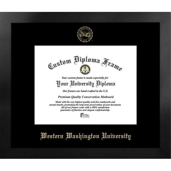 Western Washington University 11w x 8.5h Manhattan Black Single Mat Gold Embossed Diploma Frame with Bonus Campus Images Lithograph (value savings at $59)