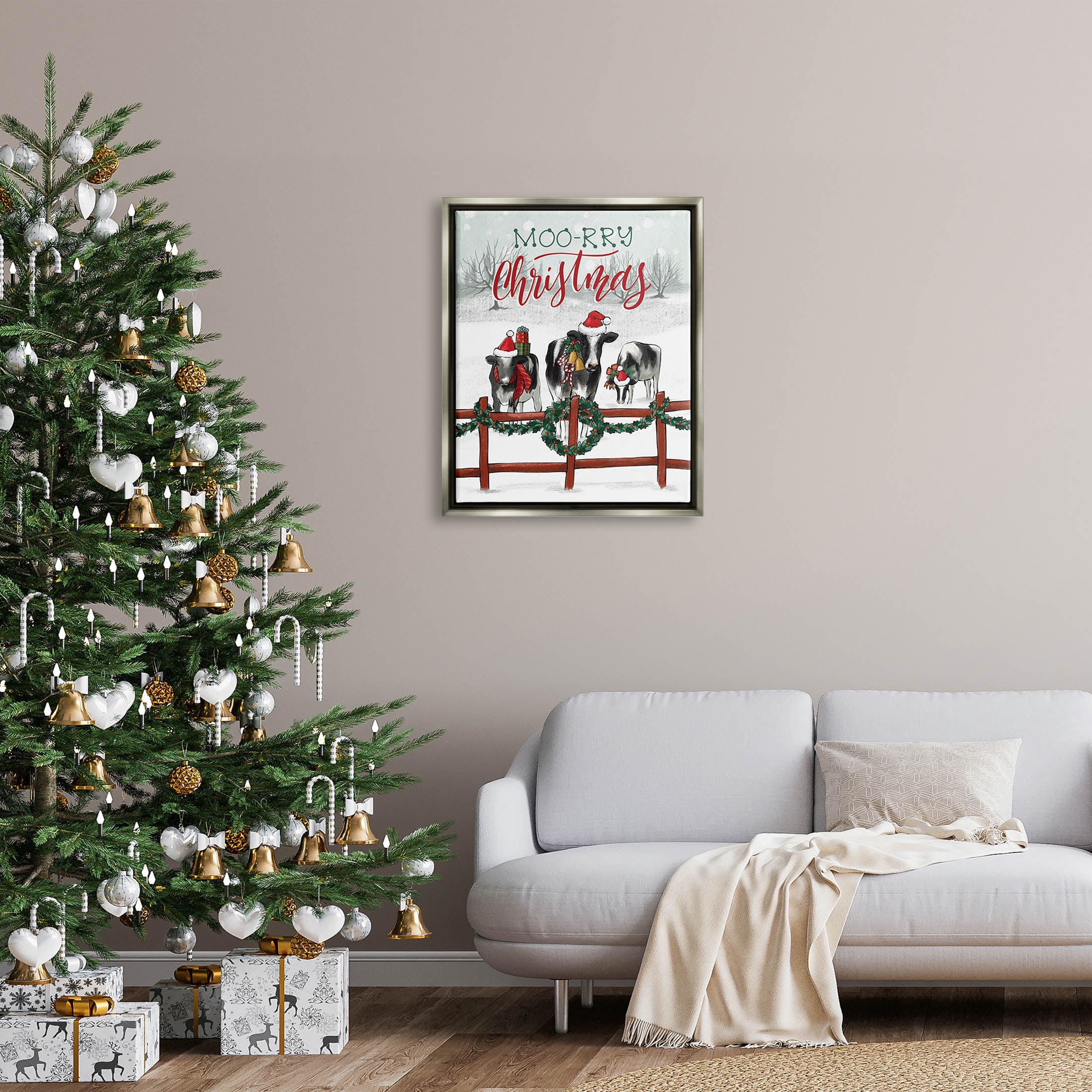 Moo-rry Christmas Holiday Snowy Cows Holiday Graphic Art Luster Gray Framed Art Print Wall Art