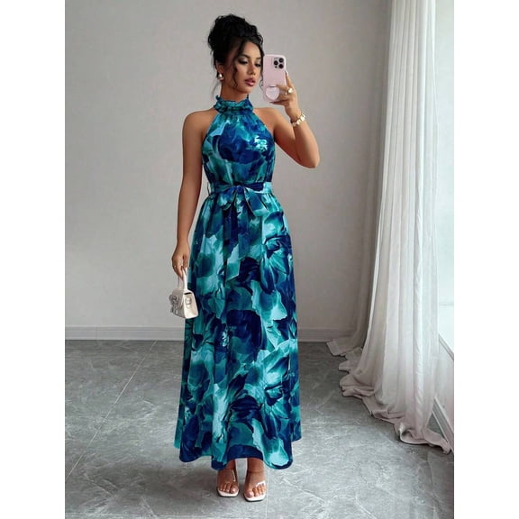 Teal Blue Floral Halter Neck Maxi Dress With Tie Waist For Elegant Commute Or Vacation