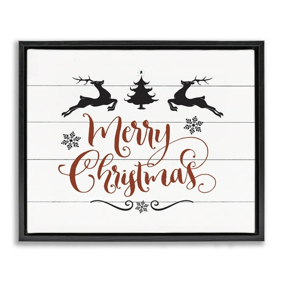 Stupell Industries Merry Christmas with Reindeer Holiday Painting Black Floater Framed Canvas Art Print Wall Art, 21 x 17