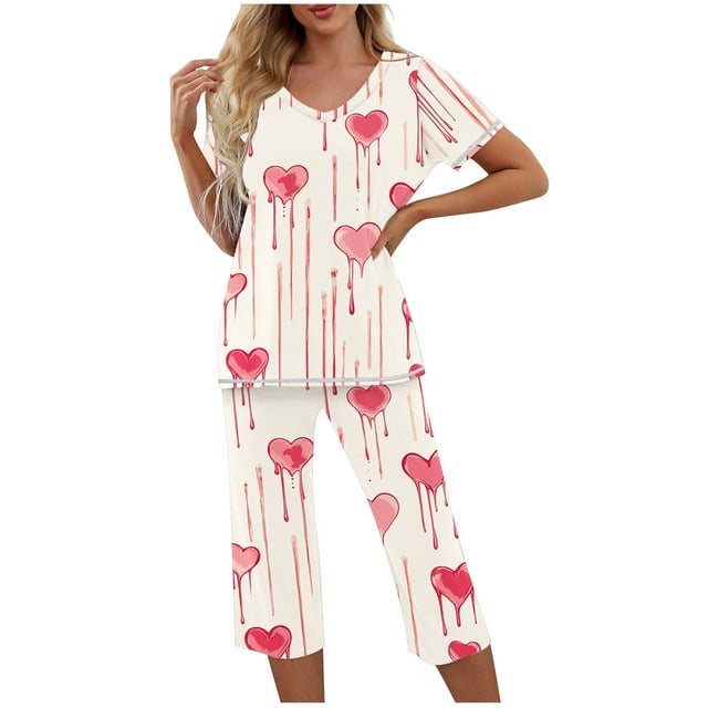 TIMIFIS Valentines Day Pyjamas pour Femmes - Ensembles de Pyjama pour Femmes 2 Pcs - Haut à Manches Courtes Décontracté à Col Ras du Cou et Pantalon Capri Ensembles de Pjs Vêtements de Nuit Vêtements de Détente