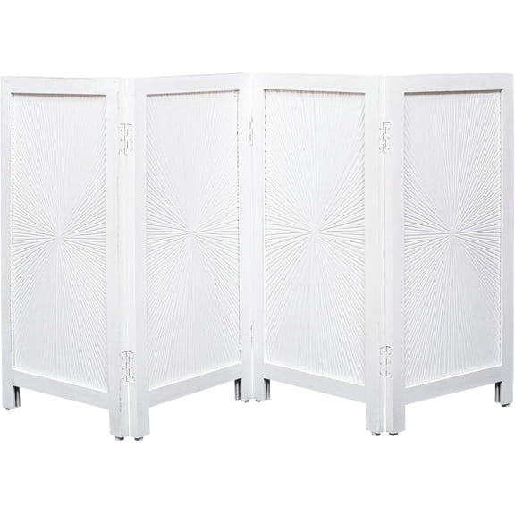 Pet Gate Indoor Foldable in Raise Wood- 4 Panel Dog Safety Gate, 56" W x 28" H,Hand-Carved Solid Wood & MDF, Free Standing Portable Indoor Gate for Doorways,Halls,Stairs-Fully Assembled,Antique White