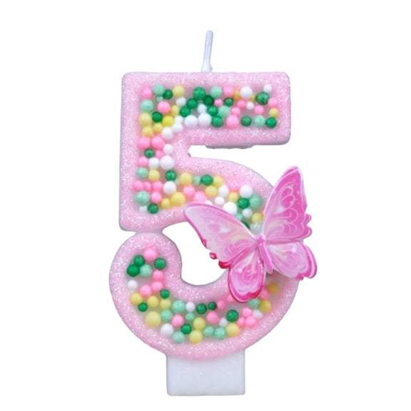 Playful Themed Candle, Dessert Accent, Pink Glitter Number 5 Birthday Candle With Colorful Pom Poms & Butterfly, Cake Topper for 5th Birthday Party Decorations, Butterfly D Number 5