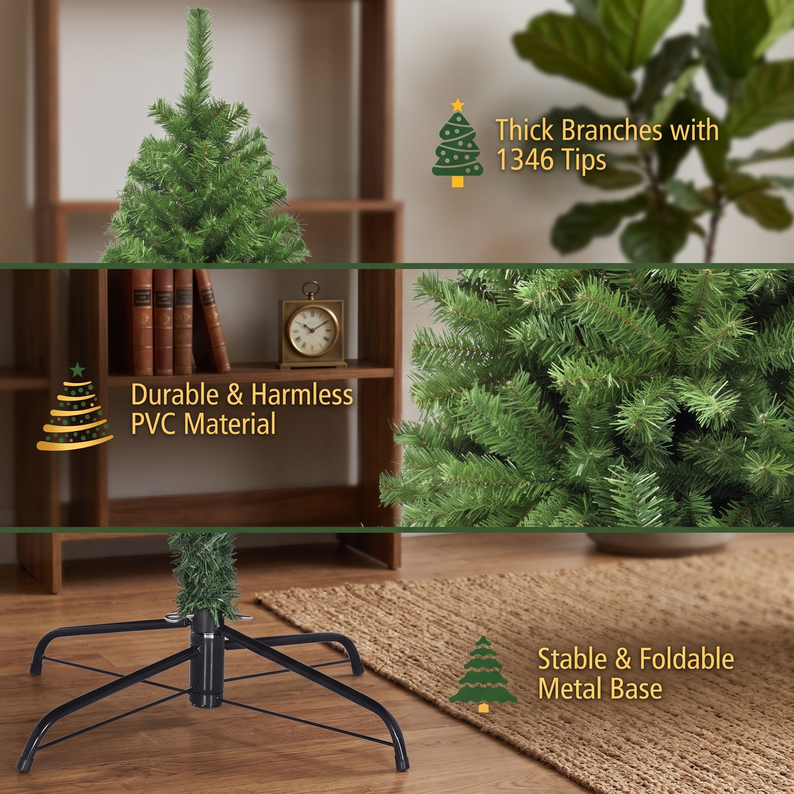 RUIE 7.5 ft Artificial Christmas Tree Premium Hinged PVC Xmas Pine Tree with 1346 Branch Tips and Sturdy Metal Stand for Indoor Holiday Decoration, Green