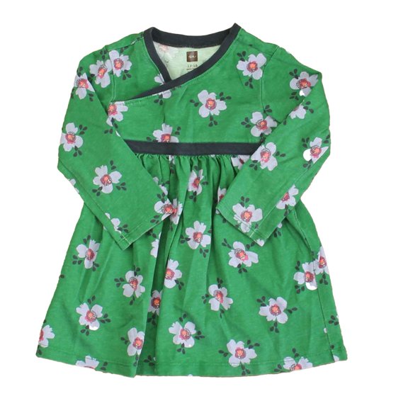 Pre-Owned Tea Girls Green Floral Dress size: 12-18 Months (Good)