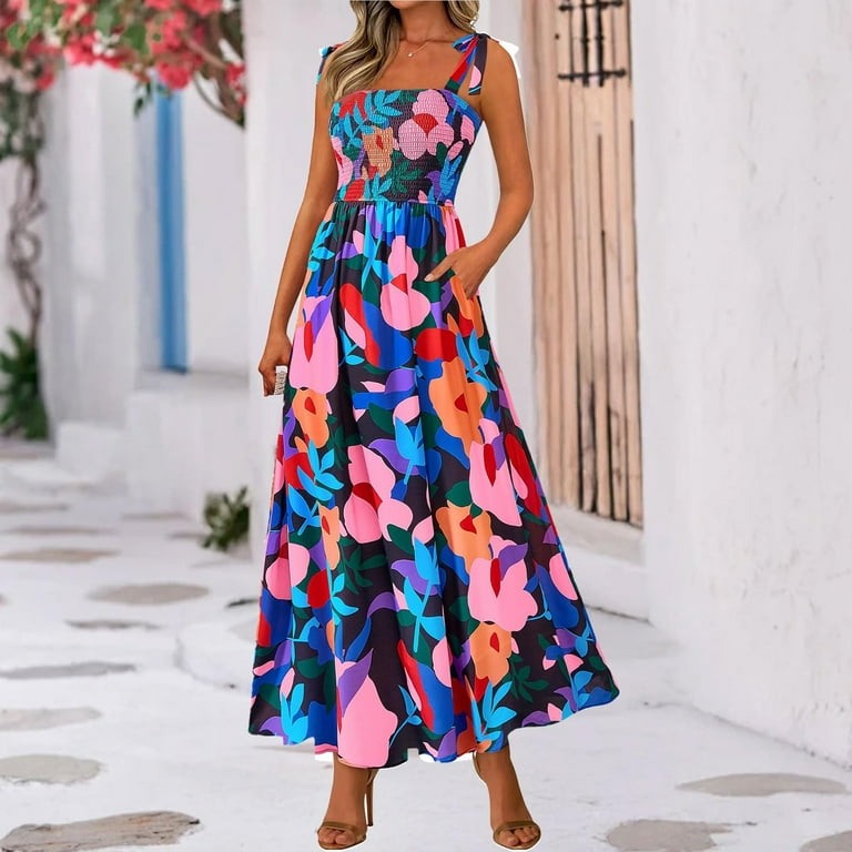 WTOBBY Women's Tie-Strap Multi-Color Printed Holiday Dress for Summer,  Flowy and Vibrant for Beach Parties and Casual Events,Light Purple 2XL -  Walmart.com
