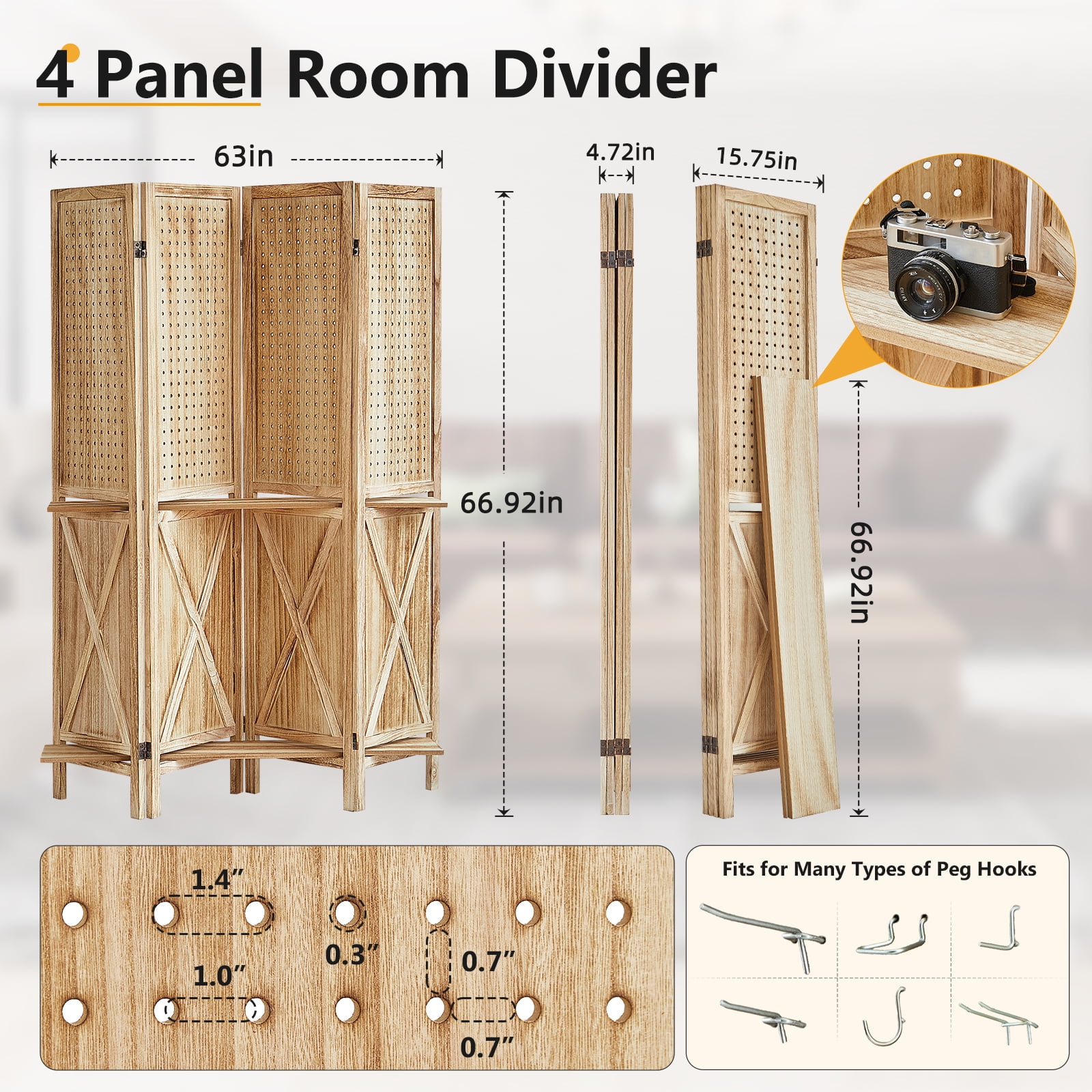 Aletheiawu 4 Panel Pegboard Display with 16 Hooks, Wood Folding Room Divider, No Installation Required, Brown