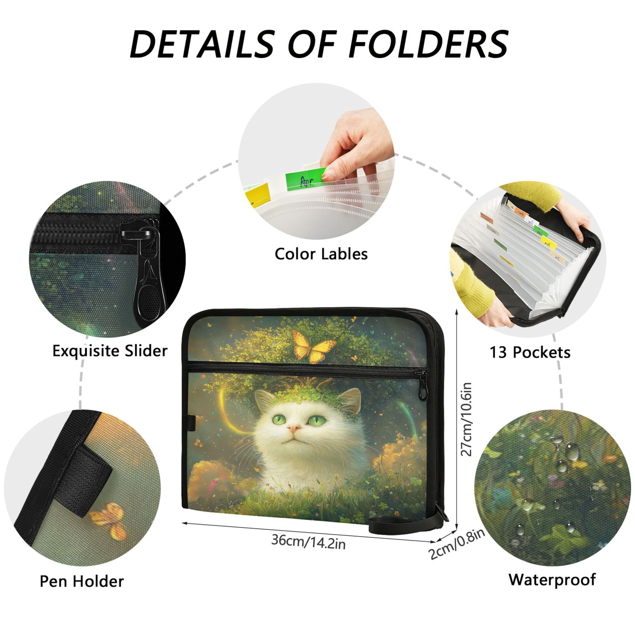 WOBOGO Forest White Cat Expanding File Folder Letter Size Accordion Filing Organizer 13 Pocket Separate Organ Pocket
