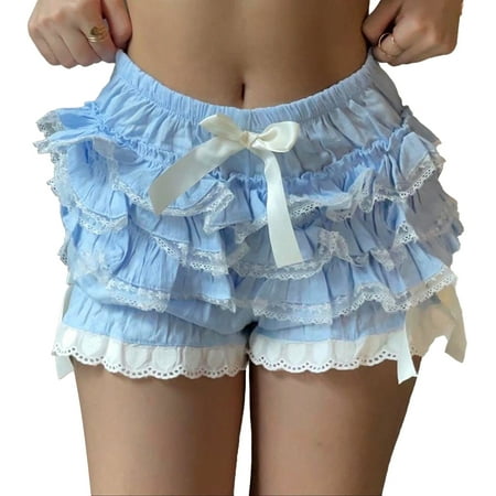 Haitryli Women s Lolita Bloomers Ruffle Pumpkin Pants Security Shorts Pant Cute Bowknots Bottom Blue S