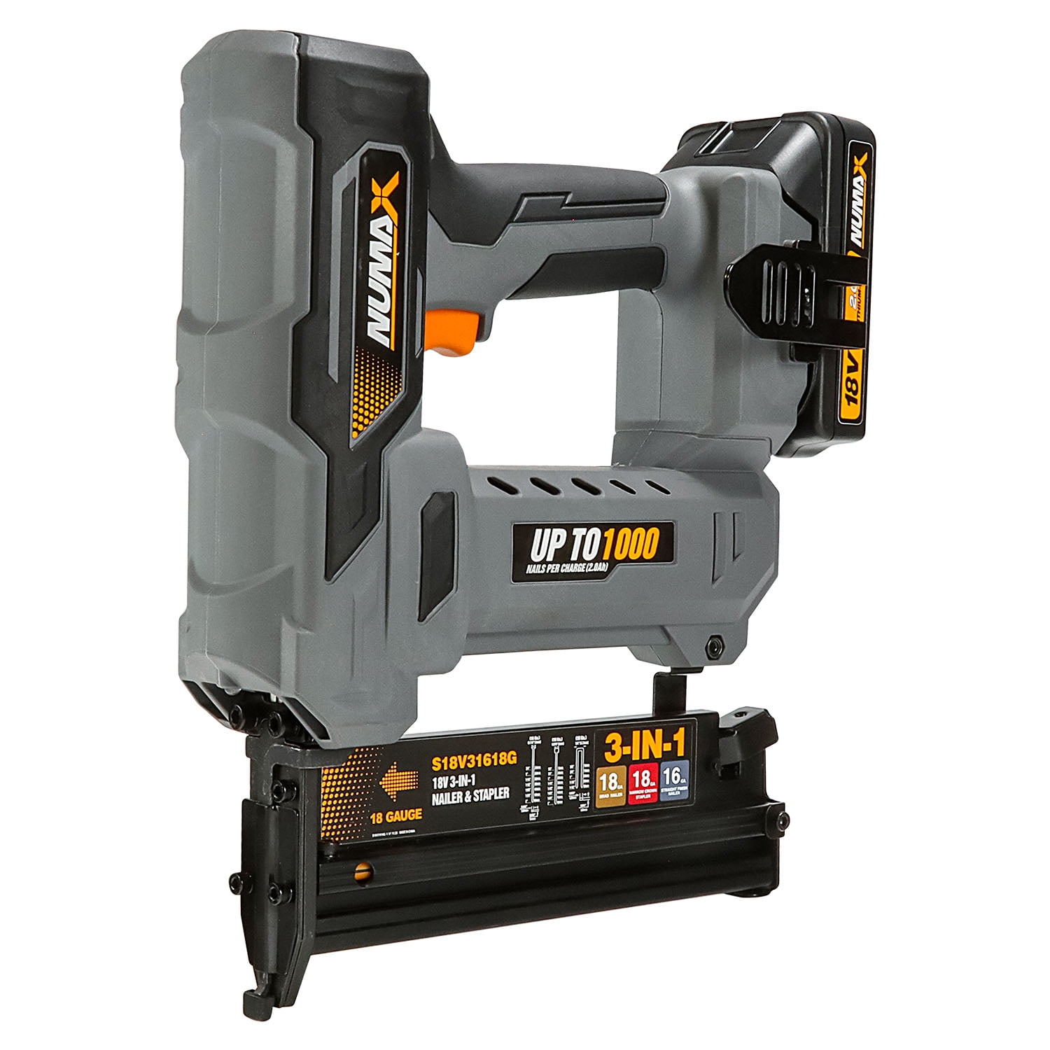 NuMax S18V31618G 18 Volt Cordless 3-in-1 16 and 18 Gauge 2" Finish Nailer / Stapler Kit with Lithium Ion Battery, Charger and Fasteners – 1000 Shots per Charge