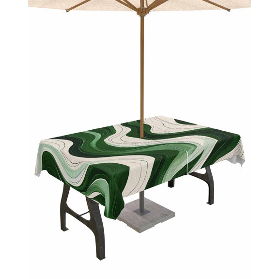Fsddascl Geometric Green Outdoor Tablecloth - 54x80 Inch Rectangle Dining Table Cover, Vintage White Stripe Coastal Sea Wave Waterproof Outdoor Table Cloth with Umbrella Hole & Zipper for Patio