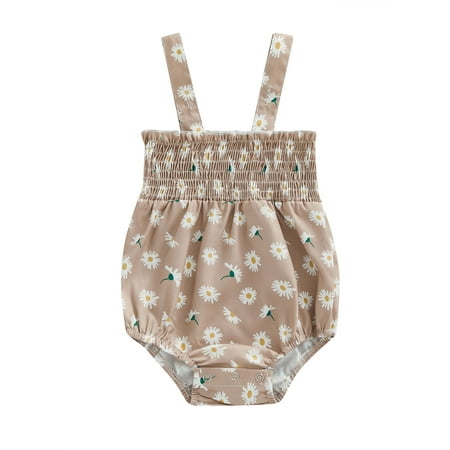 

WPNAKS Baby Girl s Romper Wide Strap Sleeveless Flower Printed Ruched Snap Closure One Piece Romper