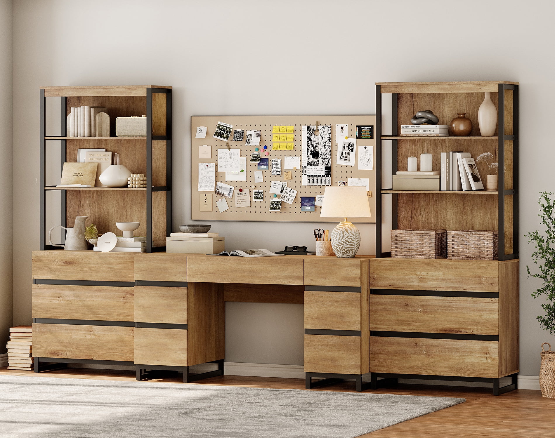 WAMPAT Home Office Furniture Set: 59in Modern Executive Desk with Charging Station and Drawers and 2 PCS 72in Tall Bookcases with 6 Drawers, Home Office Furniture for Living Room, Bedroom, Oak