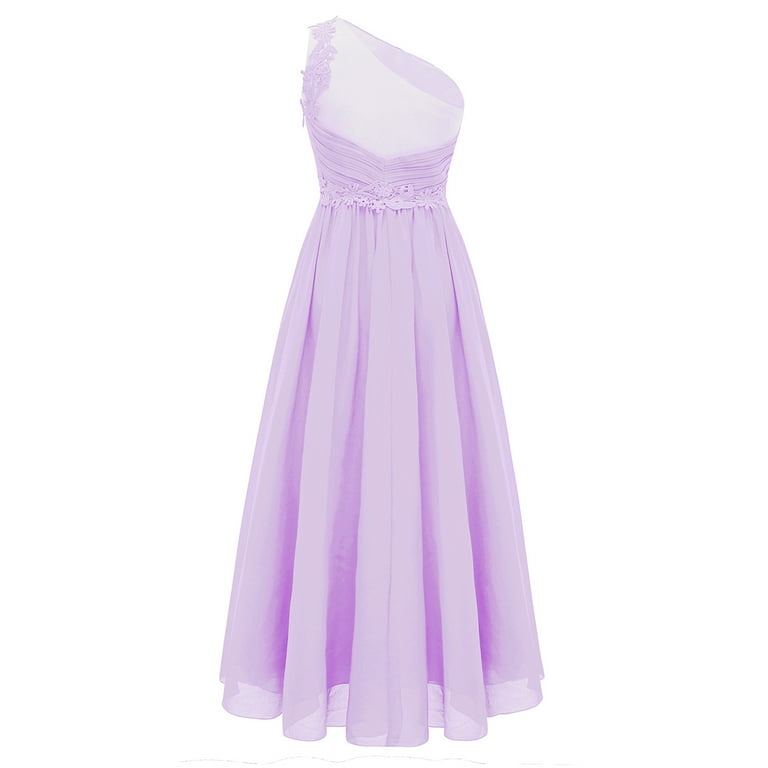 YONGHS Kids Girls One Shoulder Lavender Formal Wedding Bridesmaid Dress,  Chiffon Mesh Lace