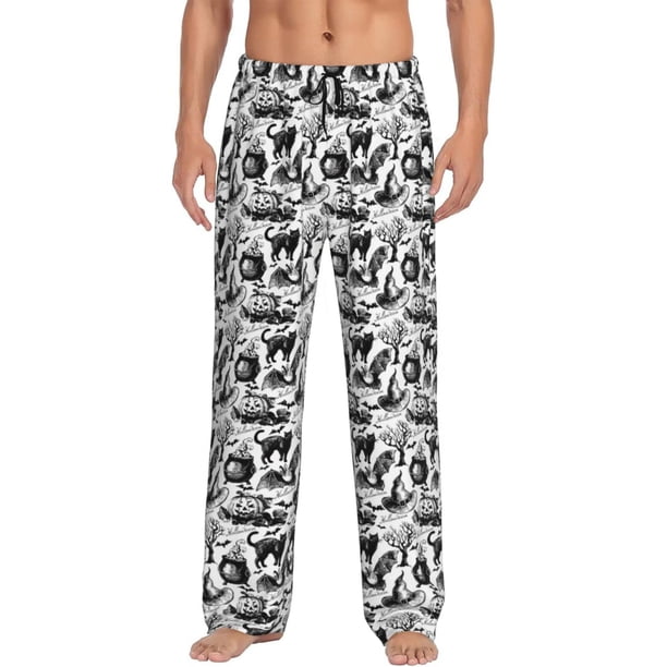 Balery Black White Halloween Pantalones de pijama para hombre, pijama ultraligero, pantalón de descanso-Large