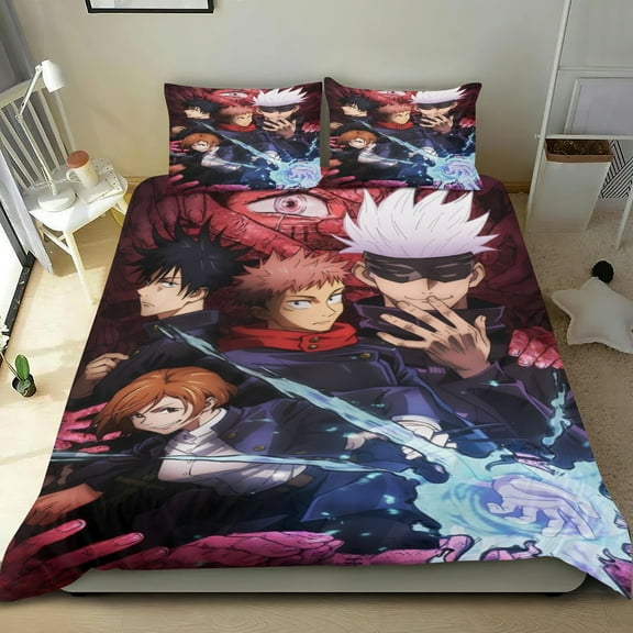 Jujutsu Kaisen thin bedding set has an iconic print,One duvet cover and two pillowcases.35" x 75"（90*190cm）