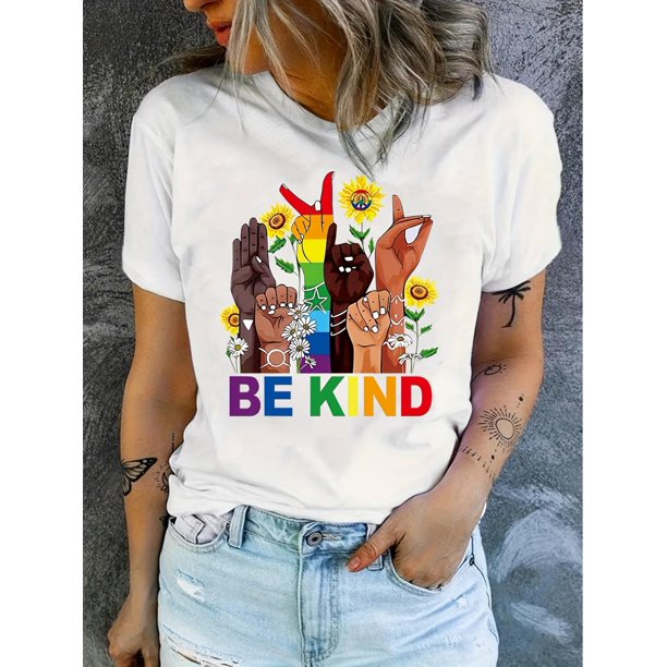 Finger & Letter Print Crew Neck T-Shirt, Casual Short Sleeve Top For Summer & Spring, Women's Clothing
