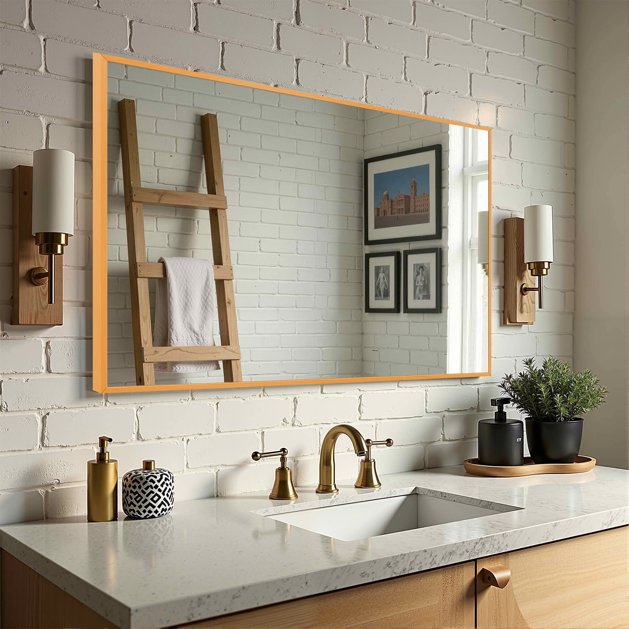 MAYEERTY 38x26x1 Inch Gold Thin Edge Aluminum Right Angle Rectangular Wall Mounted Mirror for Bathroom