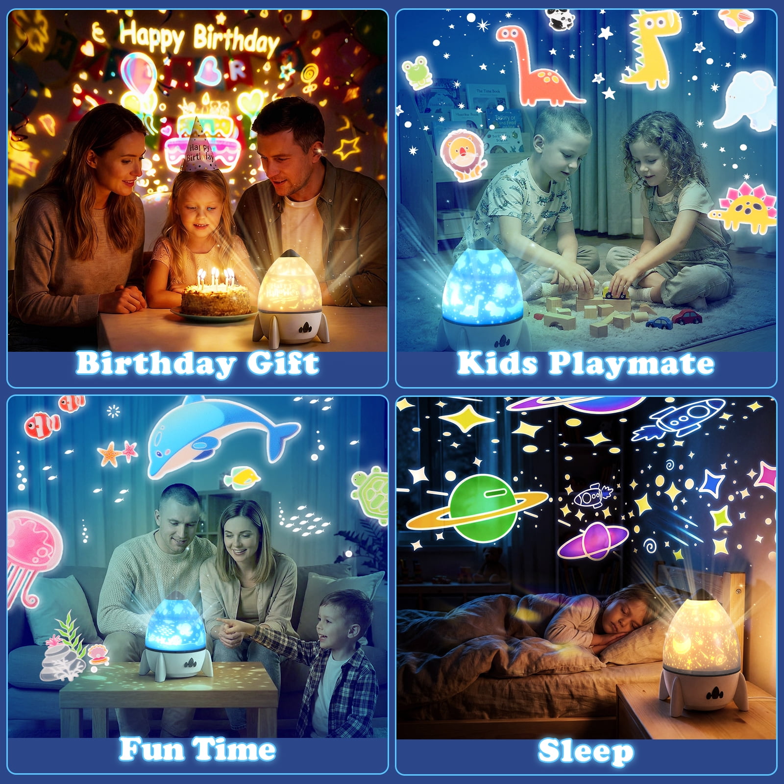 Rocket Projector Night Light for Kids with Bluetooth Speaker, Rechargeable Star & Galaxy Projector, 360 Rotating Space Light with 8 Films, 4 Colors, Timer & Remote Control
