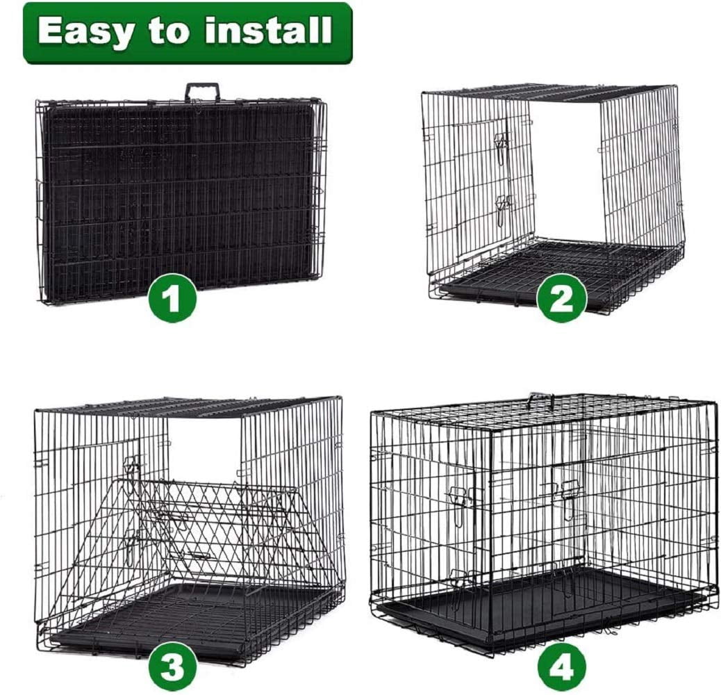 42-Inch Large Dog Crate Metal Wire Kennel for Indoor Outdoor Use, Foldable Pet Cage with 2 Doors Safety Lock, ABS Tray and Handle, Black