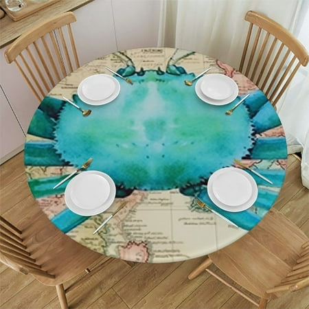 

BCIIG Blue Crab Map Marine Life Round Tablecloth Stain-Resistant Washable 100% Polyester Outdoor Fitted Ideal for Home Kitchen Parties Holiday Dinner 31 -35
