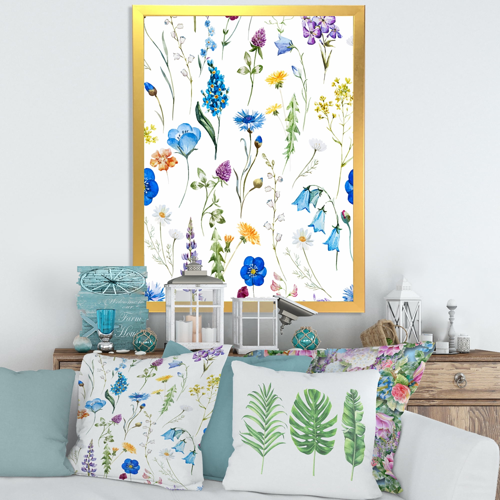 Designart 'Blue Wildflowers With Leaves I' Traditional Framed Art Print