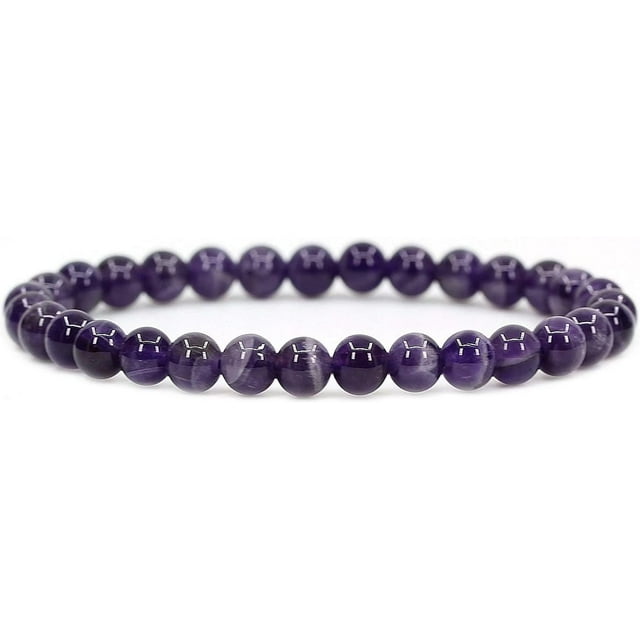 Bracelet Extensible Unisexe en Perles Rondes de 6 mm avec Pierre Précieuse d'Améthyste Africaine Naturelle 7 Pouces