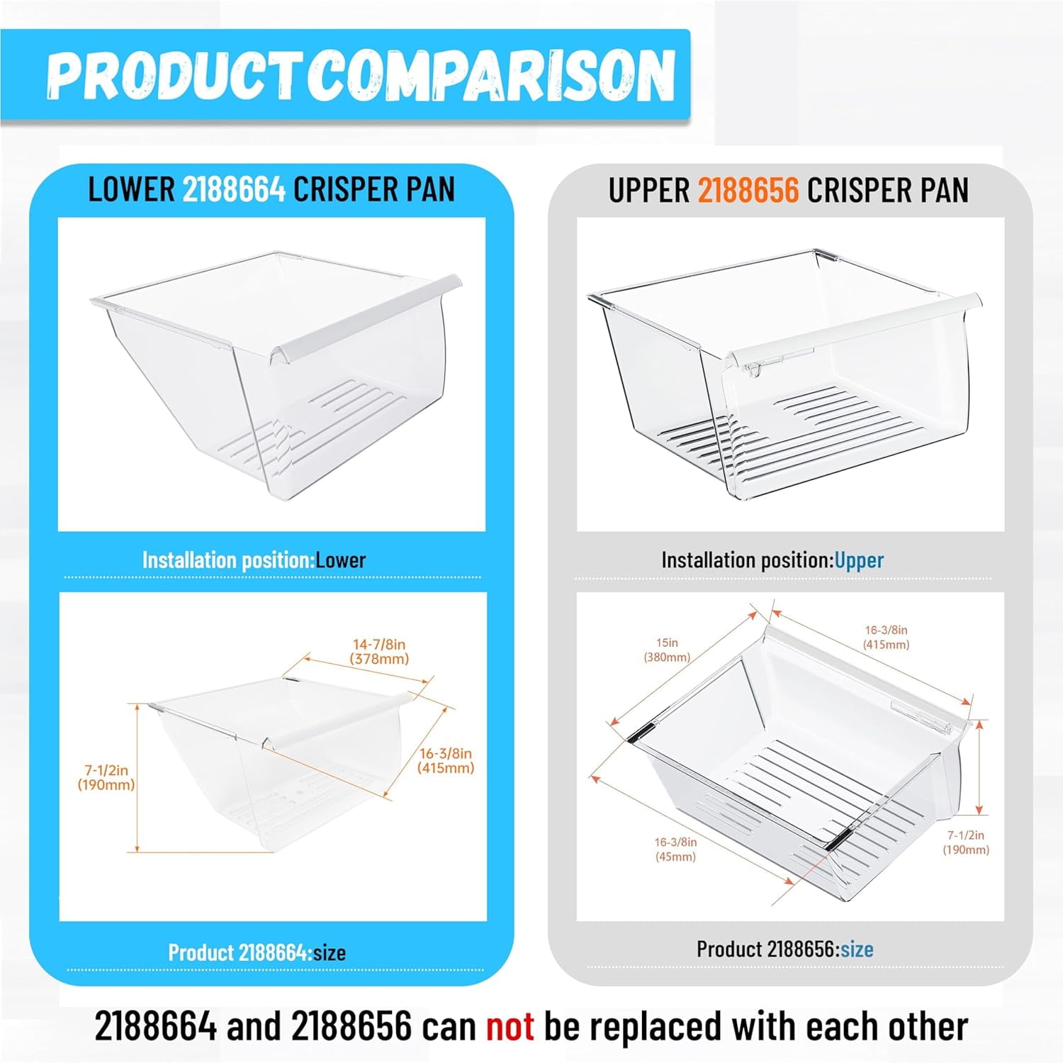 2188664 Crisper Pan Drawer (Lower) Replacement for Whirlpool, Kenmore, Maytag, KitchenAid Refrigerator with White Handle – Compatible with WP2188664