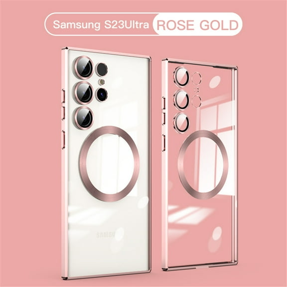 Magnetic Cover for Samsung Galaxy S23 Ultra,Galaxy S23 Ultra Clear Case with Magsafe,Shockproof Non-Yellowing Clear Plating Cover Case with Camera Lens Protector for Samsung S23 Ultra, Rosegold