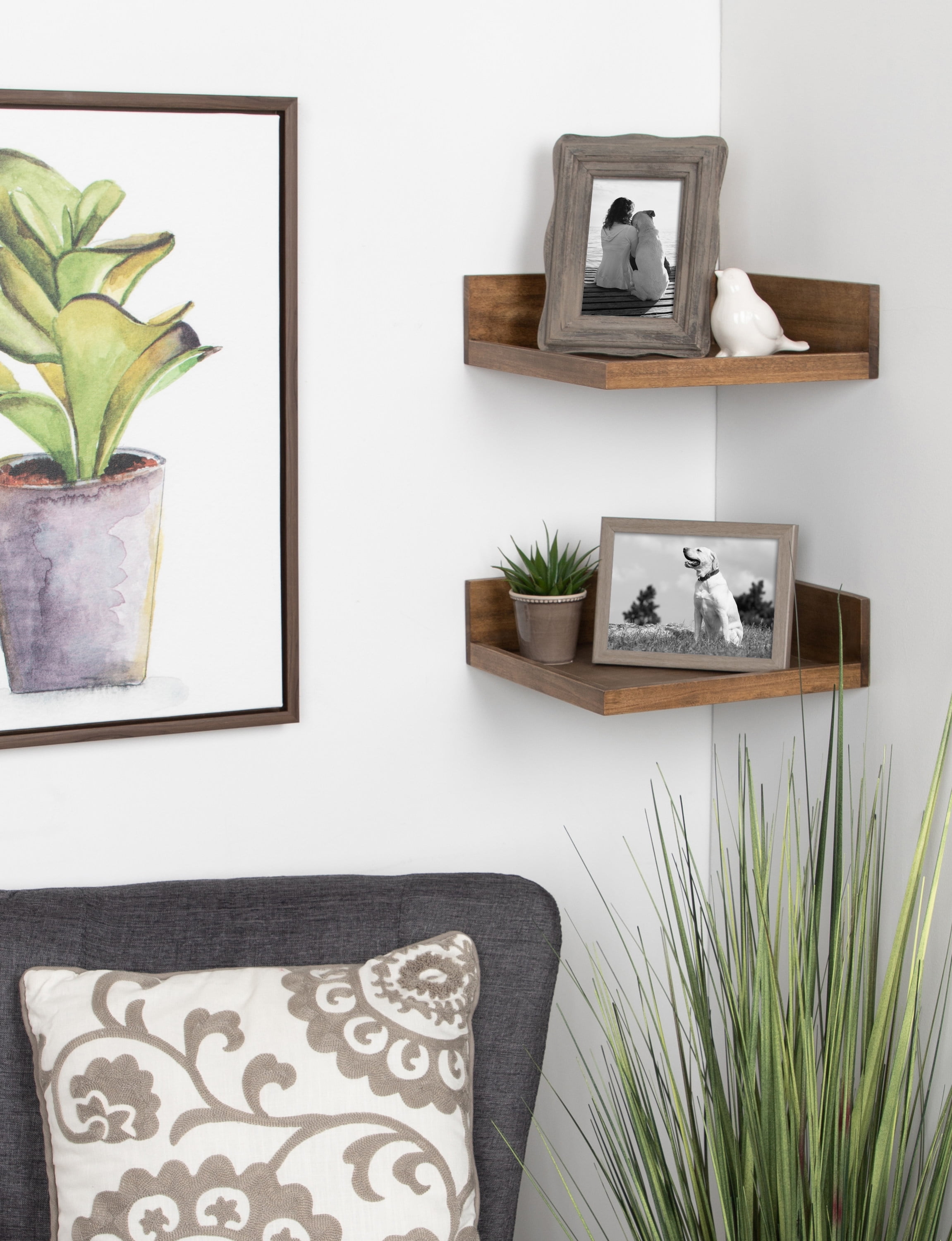 Kate and Laurel Levie Rustic Modern Floating Corner Wood Wall Shelves, 12 x 12 Inches, 2 pack, Rustic Brown