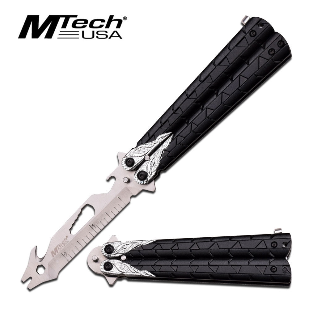 805319088196 UPC New Mtech Practice Butterfly Knife Black Silver Dragon Balisong Multi-use Tool
