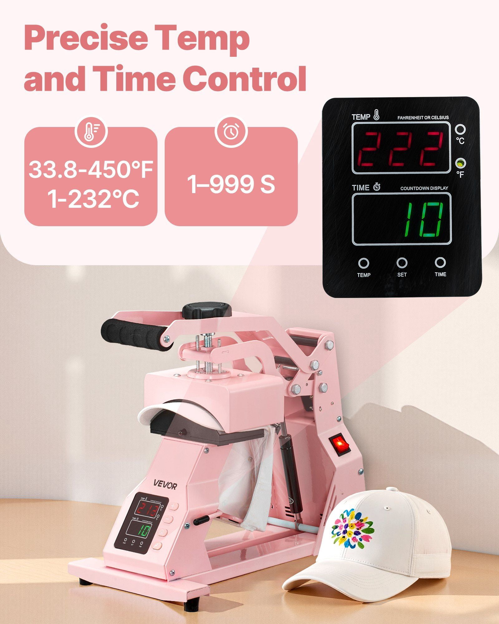 Hat Heat Press Machine for Caps, 2-in-1 Pink Heat Transfer Press with Dual Heating Platens, Digital LCD Time & Temperature Control, Adjustable Pressure, Fits Baseball Caps, Berets & Peaked Hats