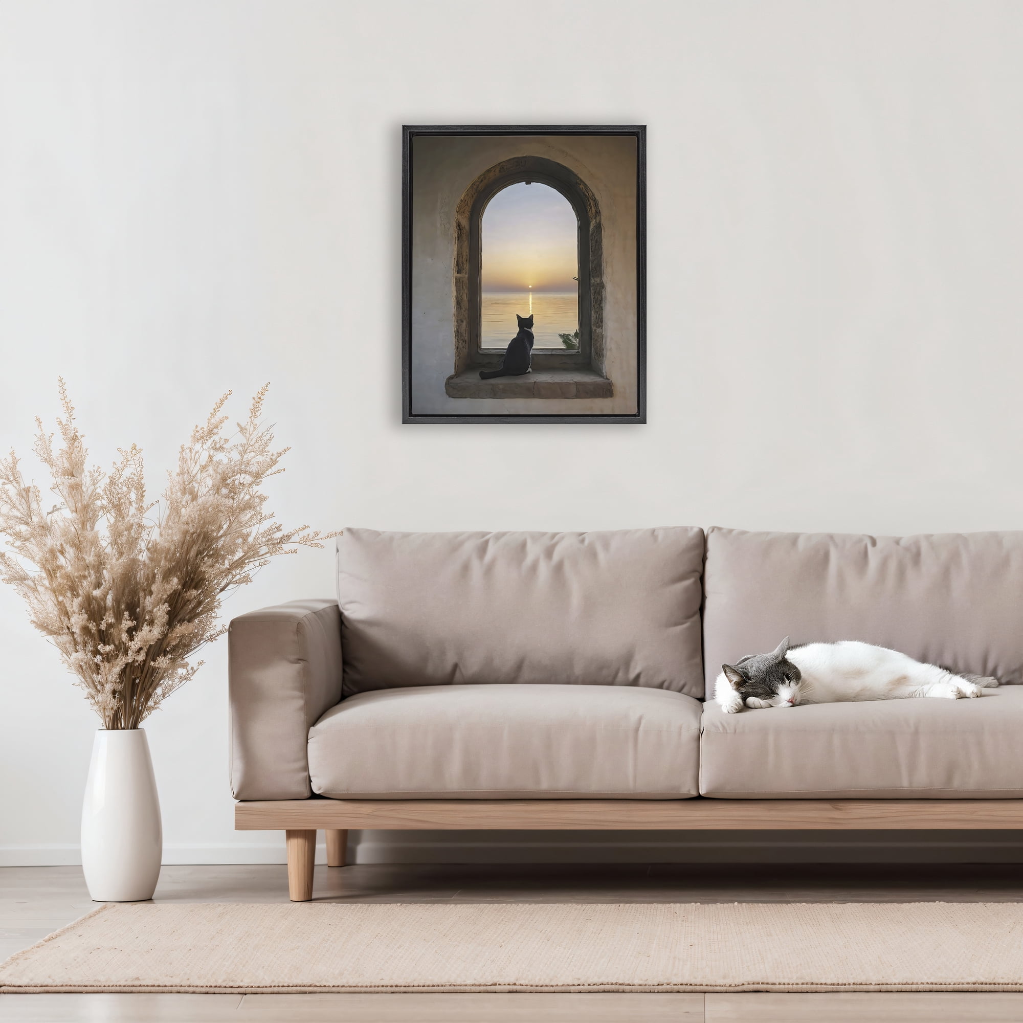 Stupell Industries Cat Overlooking Water at Sunset Black Framed Floater Canvas Wall Art, design by Creative Studio