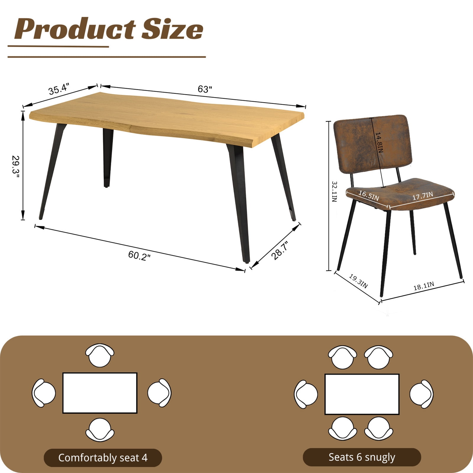 Homy Casa 5-Piece Dining Set with Live Edge Fuax Wooden Table and 4 Faux Suede Chairs