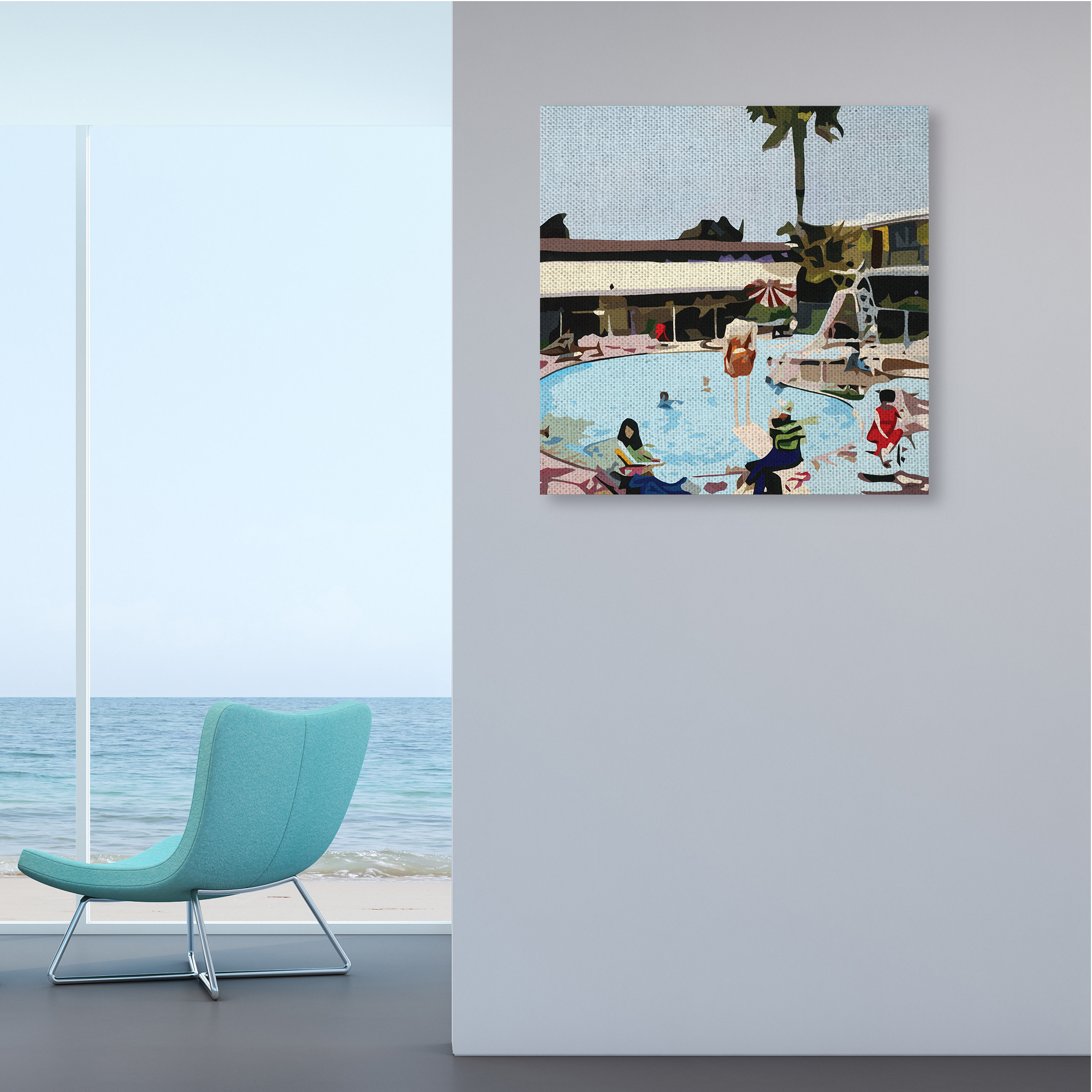 Stupell Industries People Lounging at Pool Party Tropical Scenery Nature Painting Gallery Wrapped Canvas Art Print Wall Art, 30 x 30