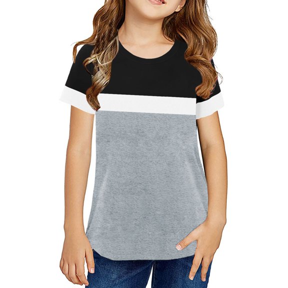 XQYLOS Girls' Flower Print Short Sleeve Blouse For Summer Kids Girls Top Summer Short Sleeved Round Neck Color Matching T Shirt Birthday School Photo T Shirts