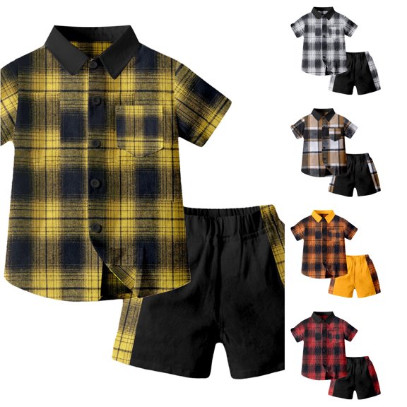 RTKFRFLM Boys 2 Piece Plaid Button Down Shirt Shorts Set Kids Summer Outfit