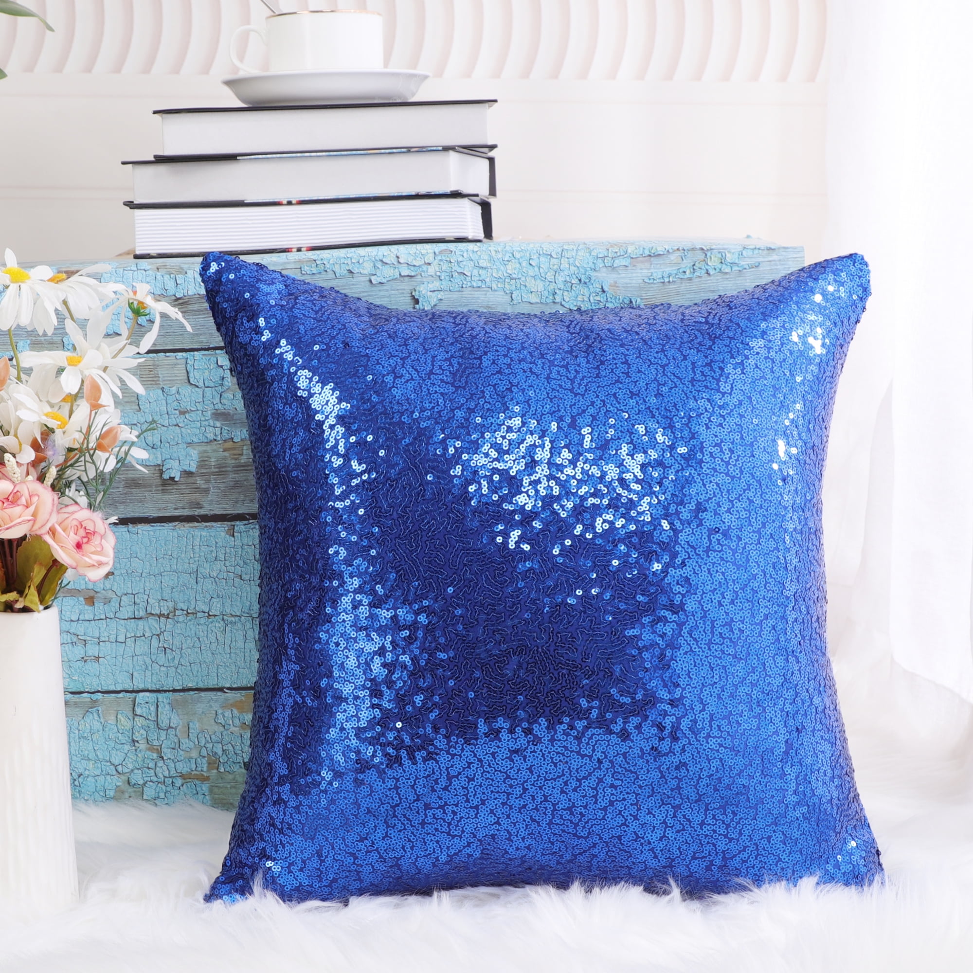 Unique Bargains Sparkling Sequin Decorative Throw Pillow Cover 16" x 16" Royal Blue