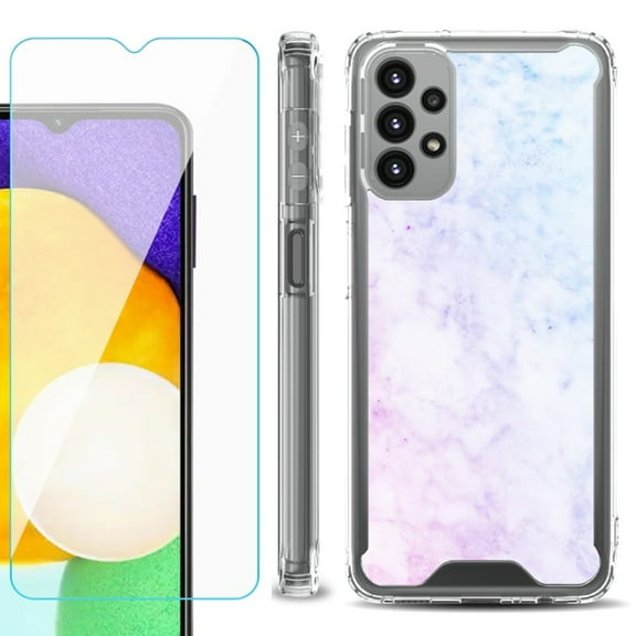 Shockproof Bumper Phone Case for Samsung Galaxy A23 5G, with Tempered Glass Screen Protector, by OneToughShield ® - Marble Pink/Blue